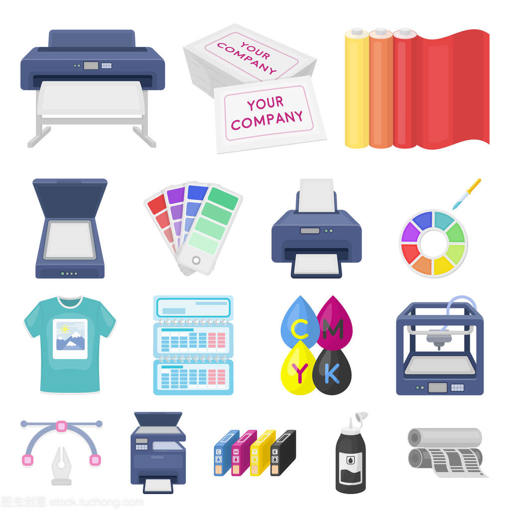 印刷產(chǎn)品卡通圖標(biāo)集合中的設(shè)計(jì)。印刷和設(shè)備矢量符號(hào)庫(kù)存 web 插圖